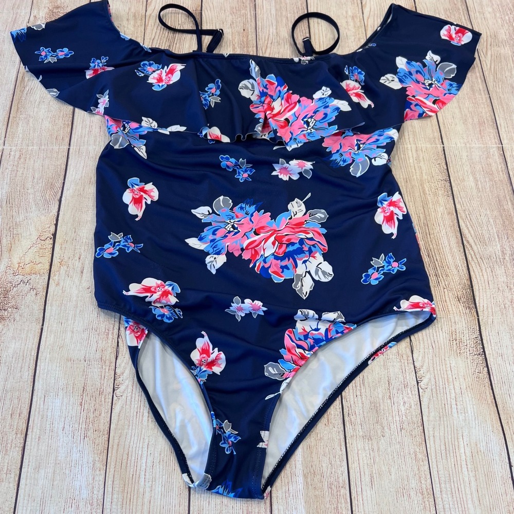 Ekouaer Womens Floral Ruffle Off The Shoulder One Piece Swimsuit Navy Blue XL